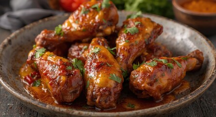 Fototapeta premium Glazed chicken wings and drumsticks with spicy mango chili sauce and coriander on a rustic serving plate
