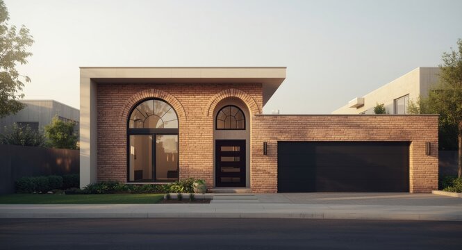 Contemporary dwelling presenting wide arched double pane windows and decorative brick finishes
