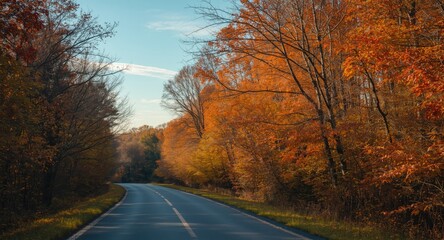 Obraz premium Beautiful countryside road winding through dense autumn forest with golden sunlight and vibrant orange and teal foliage