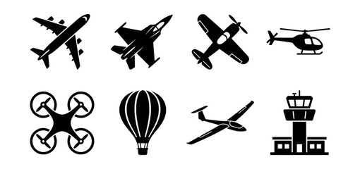 Air transportation silhouette icons set