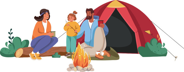 Family camping scene with parents and child roasting marshmallows by a campfire near a tent, enjoying outdoor leisure and nature © Ahtisham