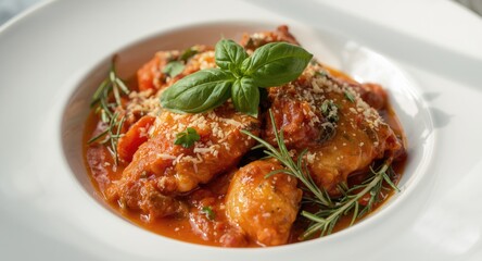 Fototapeta premium Delicious chicken cacciatore served on a white plate with fresh herbs
