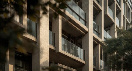 Exterior view of modern multifamily residential building with architectural details
