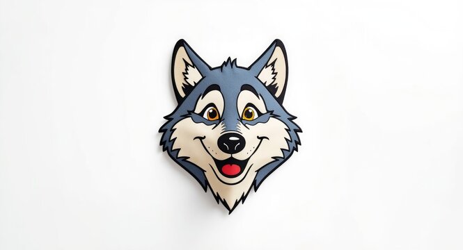 Cheerful wolf head art in cartoon form set against a bright white surface