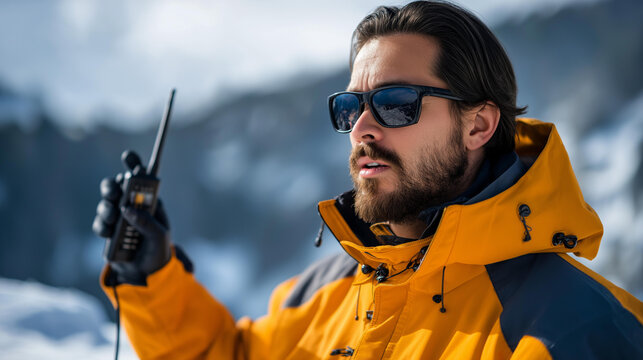 Faceless mountain guide providing safety briefing, showing how to use walkie-talkie for communication while leading group in snowy terrain, alpine expedition, mountaineering