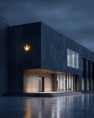 Fototapeta premium Exterior of a modern commercial office building at night with a golden crown icon