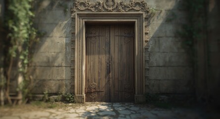 Fototapeta premium Antique wooden entrance with rugged rusted hinges capturing the essence of old world decay