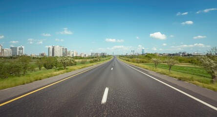 Fototapeta premium Expansive highway bordered by fresh green grass and small trees against a bright sky with city buildings