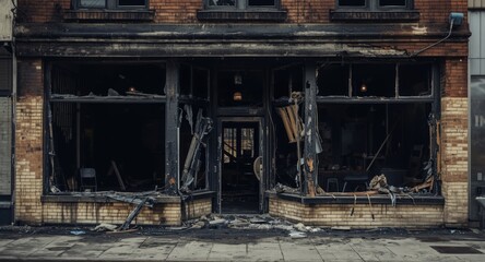 Naklejka premium Commercial premises severely affected by fire with burnt facade