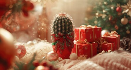 Naklejka premium Holiday themed home styling with potted cactus wrapped in bow next to red gift boxes