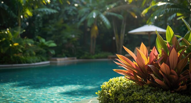 Hotel poolside tropical greenery arrangement with natural rainforest tones