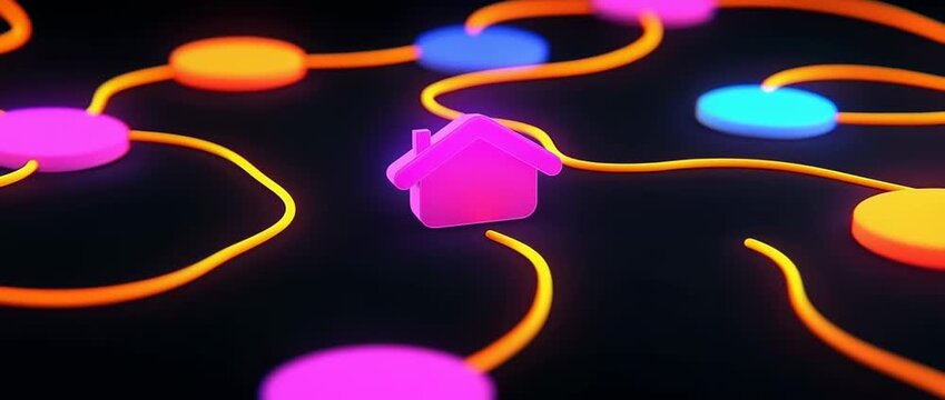 Glowing pink house icon connected to colorful nodes via illuminated orange network lines
