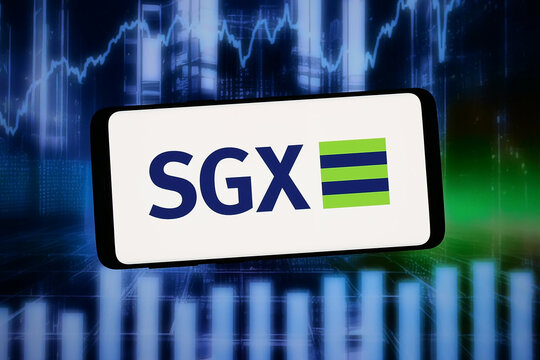 Stuttgart, Germany - 02-06-2026: In this photo illustration, the logo of Singapore Exchange Limited (SGX Group) is displayed on a smartphone in front of abstract background on computer screen.