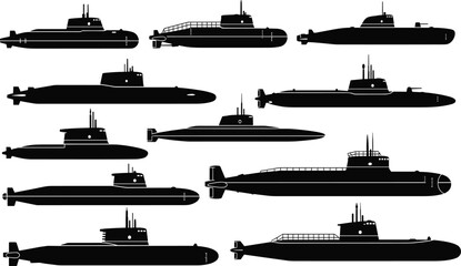 Black submarine silhouette illustrations, naval vessel vector artwork, underwater engineering design collection, military ship motif, ocean technology drawing set © Shoriful