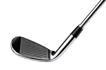 A silver metal golf club and ball resting beside a black artist paintbrush with fine bristles on an isolated background for a creative design