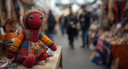 Obraz premium Brightly colored puppet toy crafted by hand from vibrant fabrics displayed at an artisan fair