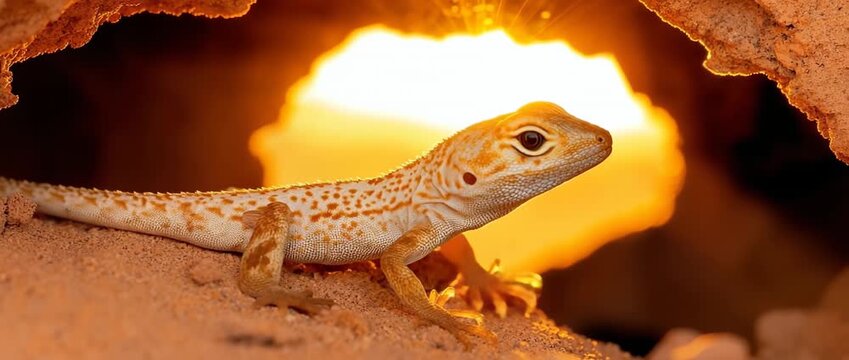Small spotted lizard emerges from dark cave opening toward bright setting sun light