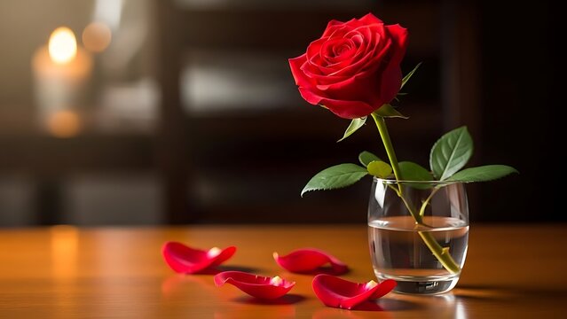 Single Red Rose in Vase on Wooden Table