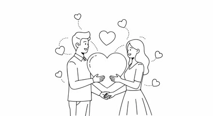 Obraz premium Line drawing of a smiling man and woman holding a large heart together with smaller hearts around them on a white background.