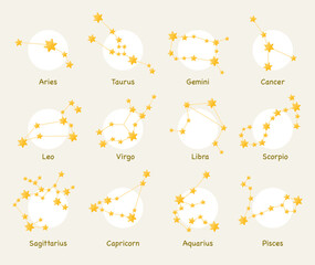 Set of 12 zodiac constellation signs drawn with golden stars connected by thin lines on a soft light background.   © graphixmania