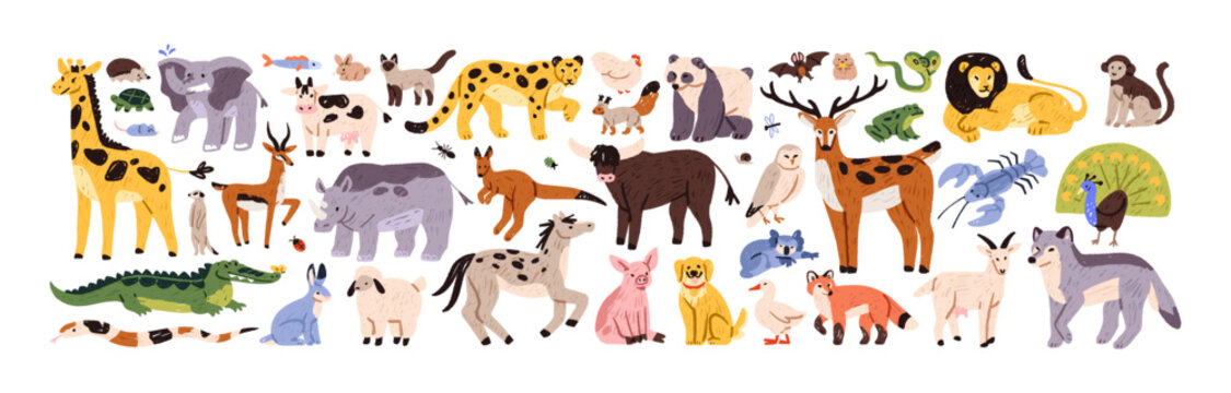 Different doodle animals set. Pets, wild and farm cute characters: deer, cat, giraffe, elephant, lion, dog, monkey and crocodile. Flat hand drawn isolated vector illustrations on white background