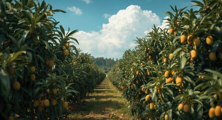 Fruit garden panorama with dense mango tree coverage and copyspace