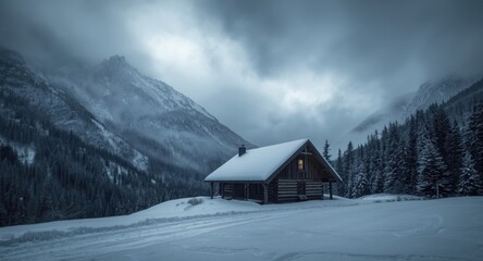Fototapeta premium Brutal snowstorm hitting a cabin in high mountain terrain