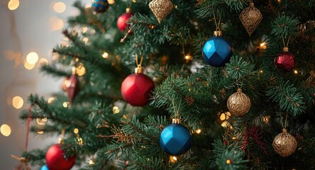 Naklejka premium Elegant white fir tree highlighted by vibrant geometric ornaments creating a stylish holiday mood