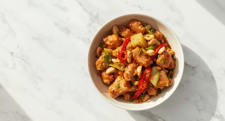Fototapeta premium Fiery Kung Pao chicken bowl placed on sleek white marble