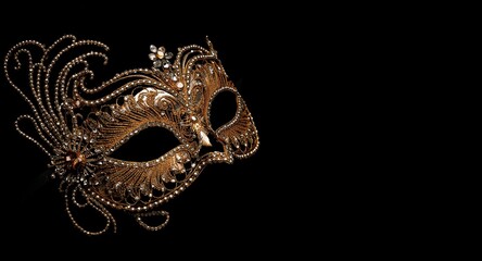 Glowing gold carnival mask featuring exquisite silver bead accents on a deep black background with copy space