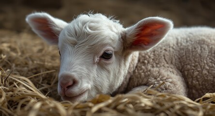 Obraz premium Heartwarming close up of a newborn lamb lying on soft bedding
