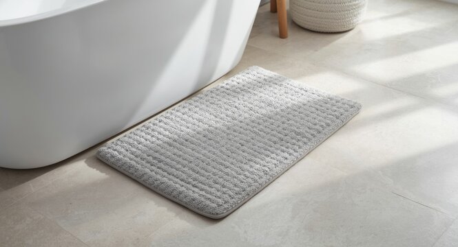 Light grey non slip bath mat near bathtub on restroom floor