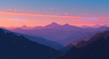 Fototapeta premium Digital cartoon artwork of a panoramic mountain view with dawn and dusk colors