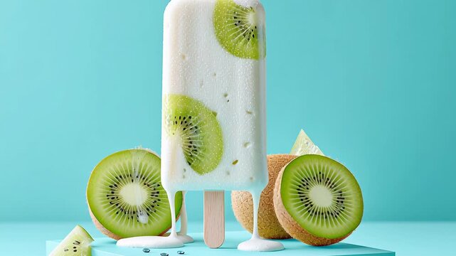 Refreshing kiwi popsicle on vibrant blue background with fresh kiwi slices