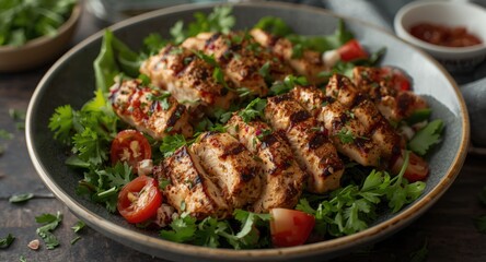 Fototapeta premium Grilled Chicken Shawarma Salad Accented with Sumac and Fresh Parsley