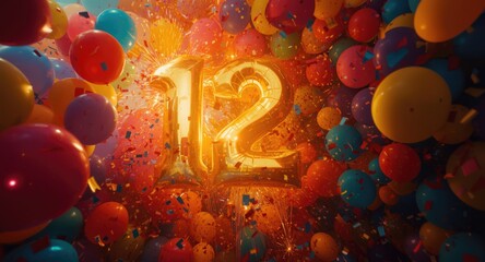 Naklejka premium Glowing golden twelve amidst floating balloons, confetti, and bright spark lighting