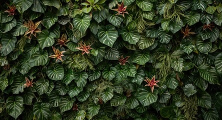 Obraz premium layered tropical foliage wall combining marble queen pothos and bromeliads