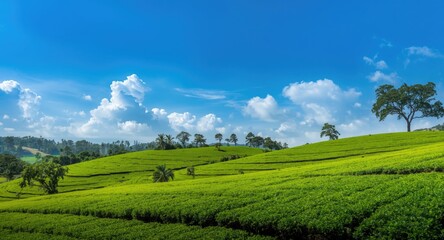 Fototapeta premium Beautiful tea plantation landscape under clear blue sky