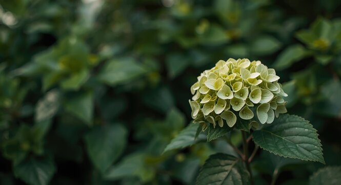 Isolated hydrangea quercifolia applaus flower with rich green leafy background and copy space