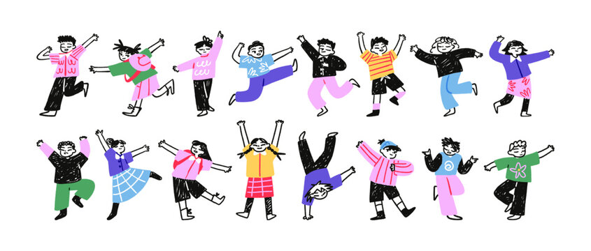 Dancing kids doodle set. Happy children rejoice and celebrate success, hands up. Cute little girls and boys move with music, have fun. Flat isolated outline vector illustrations on white background