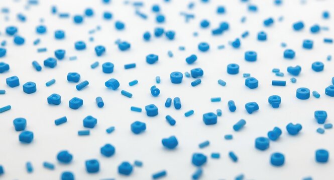 Collection of varied shape and sized blue plastic pellets on white surface for material industrial use