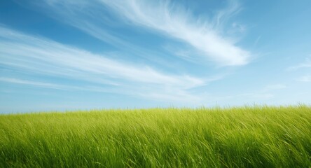 Lush green meadow landscape on a warm summer day with distant soft white clouds and smooth focus