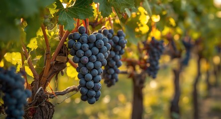 Close up of fresh organic Gamay Noir grapes hanging on vines in a vineyard