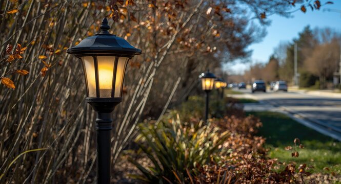Garden path lights unlit beside the street in daytime