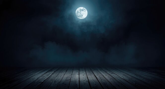Full moon casting spooky light on wooden floor stage with misty frame Halloween night copy space