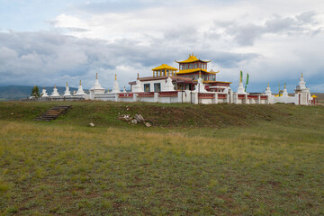 View of the ancient Atsagat Datsan on the early September morning. Naryn-Atsagat, Republic of Buryatia. Russia