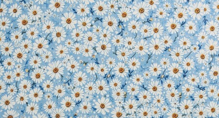 Botanical ditsy floral texture combining summer daisies in white and blue for fabric prints