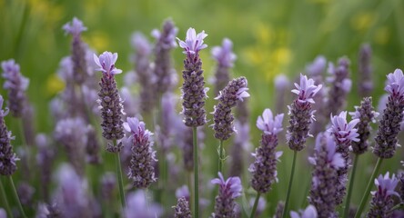 Naklejka premium Detailed purple lavender flowers in full bloom with vivid petals close up in field