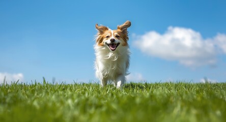 Full length portrait of a happy pet playing on a green grass lawn on a bright summer day