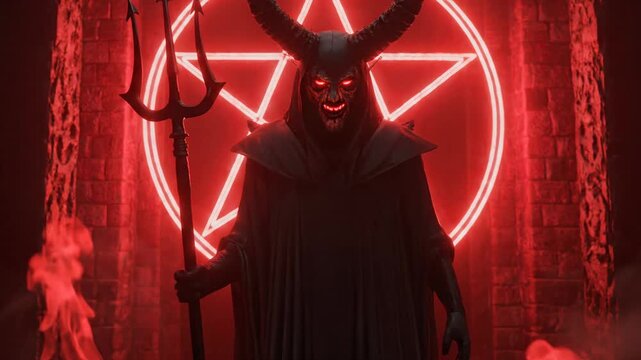 Scary Devil with Horns and Trident Stands in Front of Glowing Pentagram in Smoky Red Room